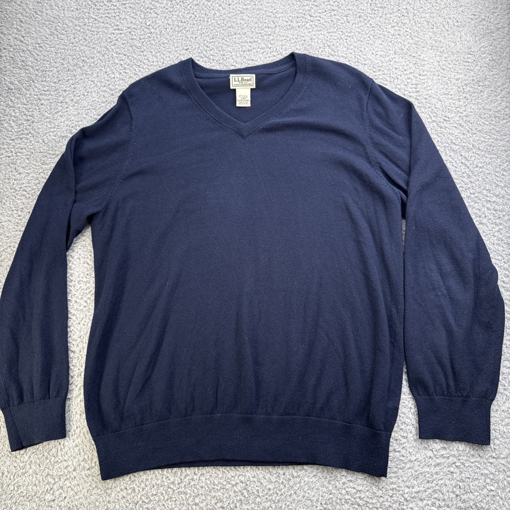 LL Bean V-Neck Sweater Mens Large Reg Navy Blue Cotton Cashmere Blend 274603